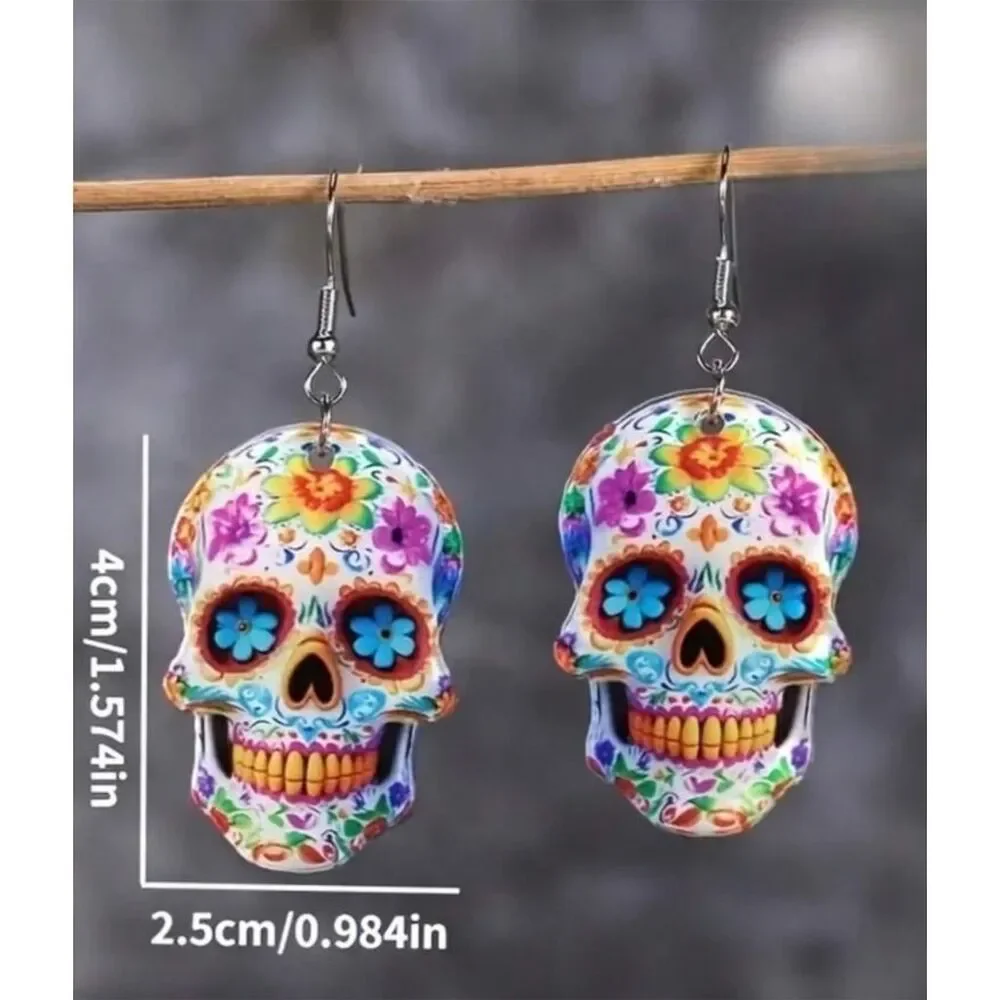 Colorful Sugar Skull Dangle Earrings Multicolor - Picture 2 of 2